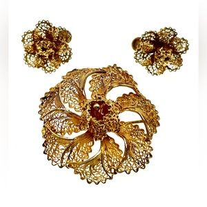 Vintage Signed M Topazio Portugal 925 GoldOver Sterling Filigree Brooch Earrings